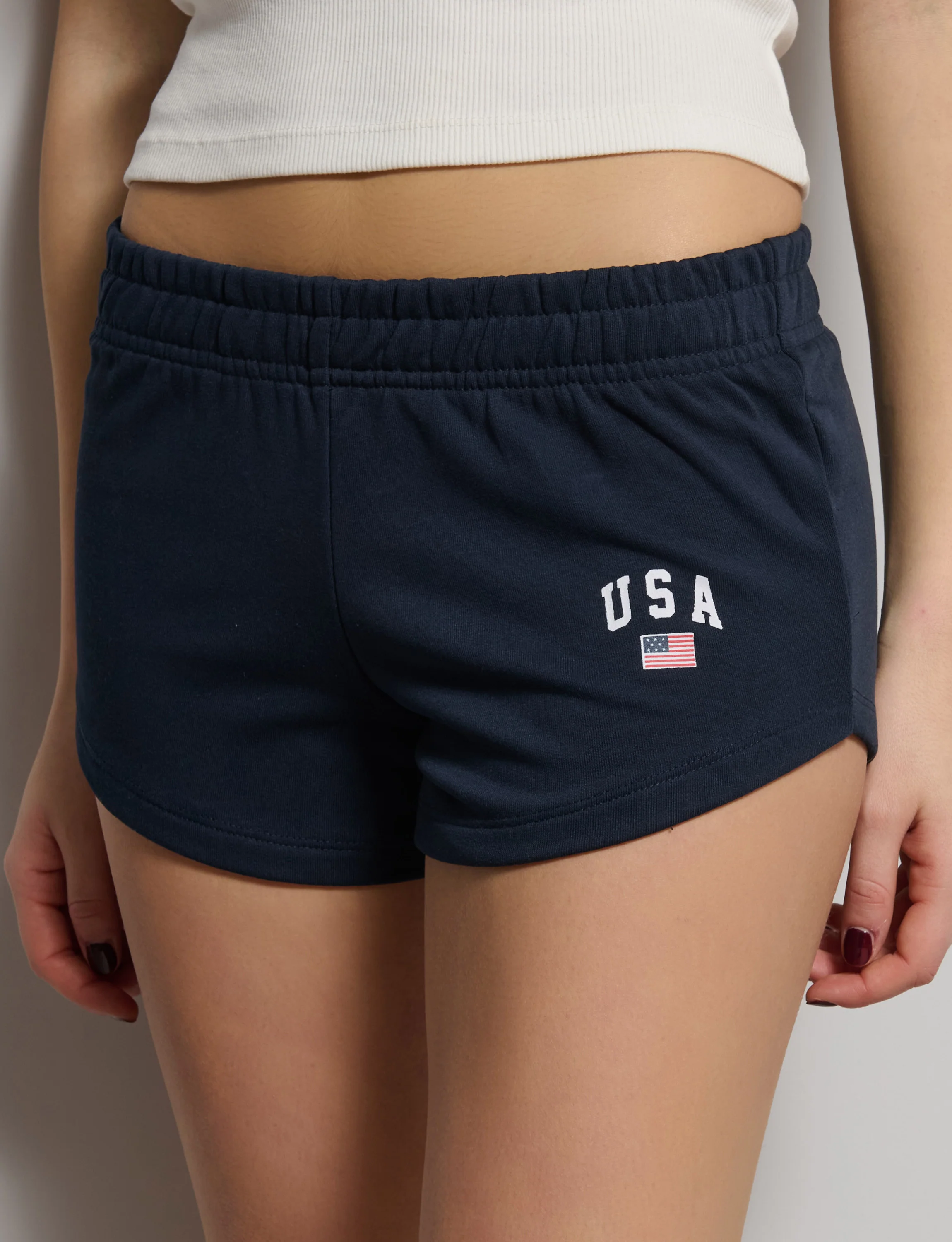 Short blu navy in felpa con stampa USA