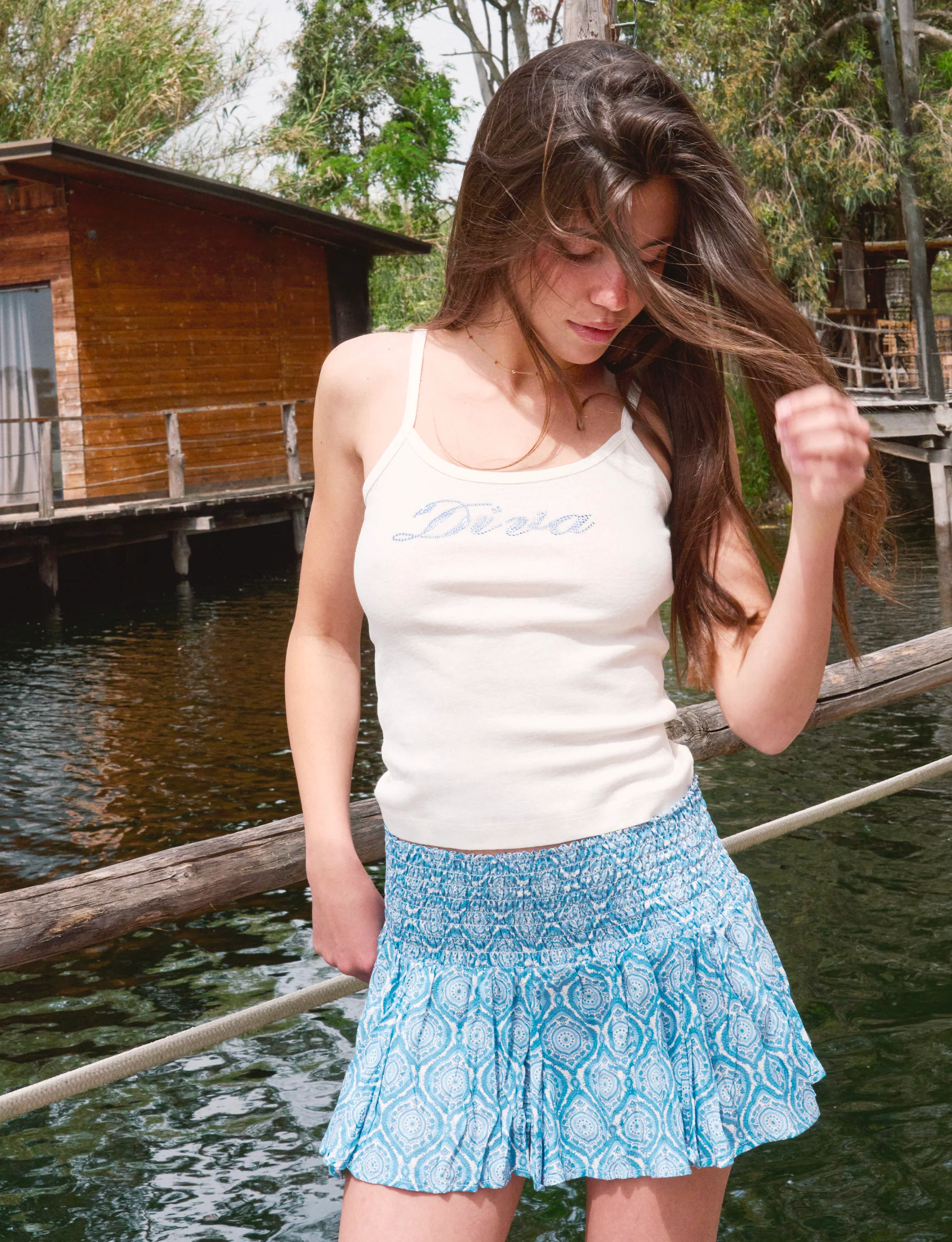 Skort azzurra con stampe a motivi geometrici