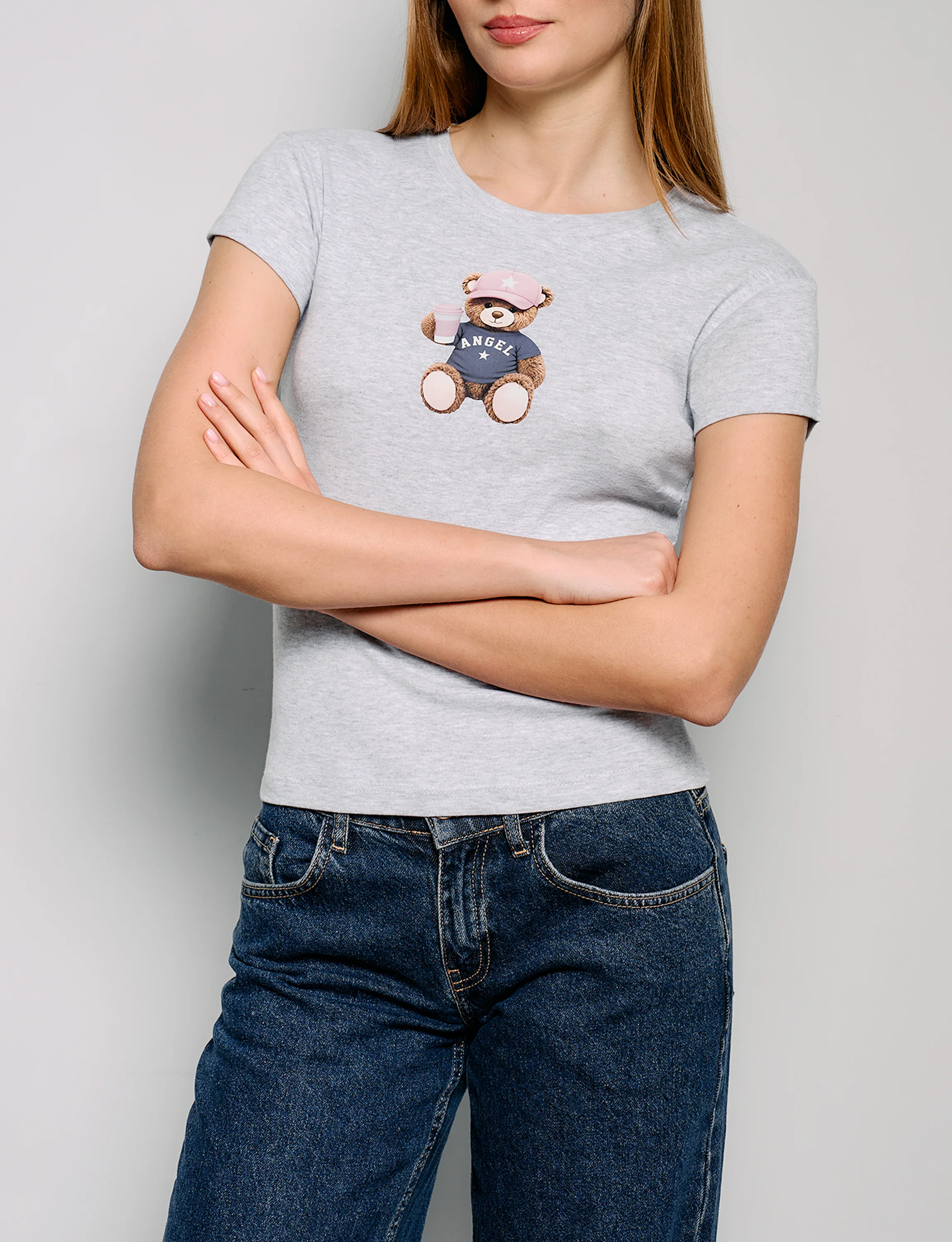 T-shirt grigia con stampa orsetto - Image 2
