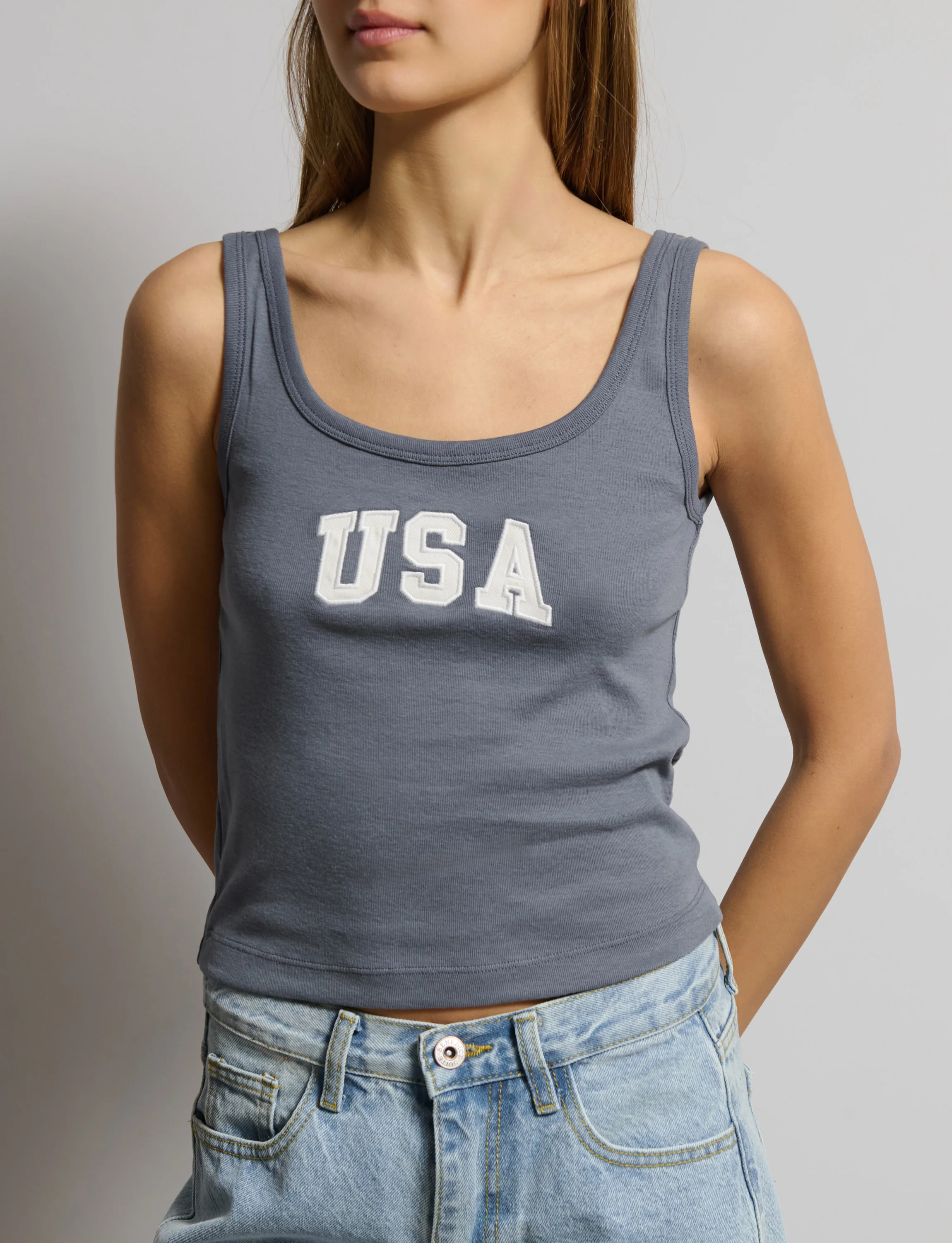 Canotta blu denim con scritta frontale “USA“