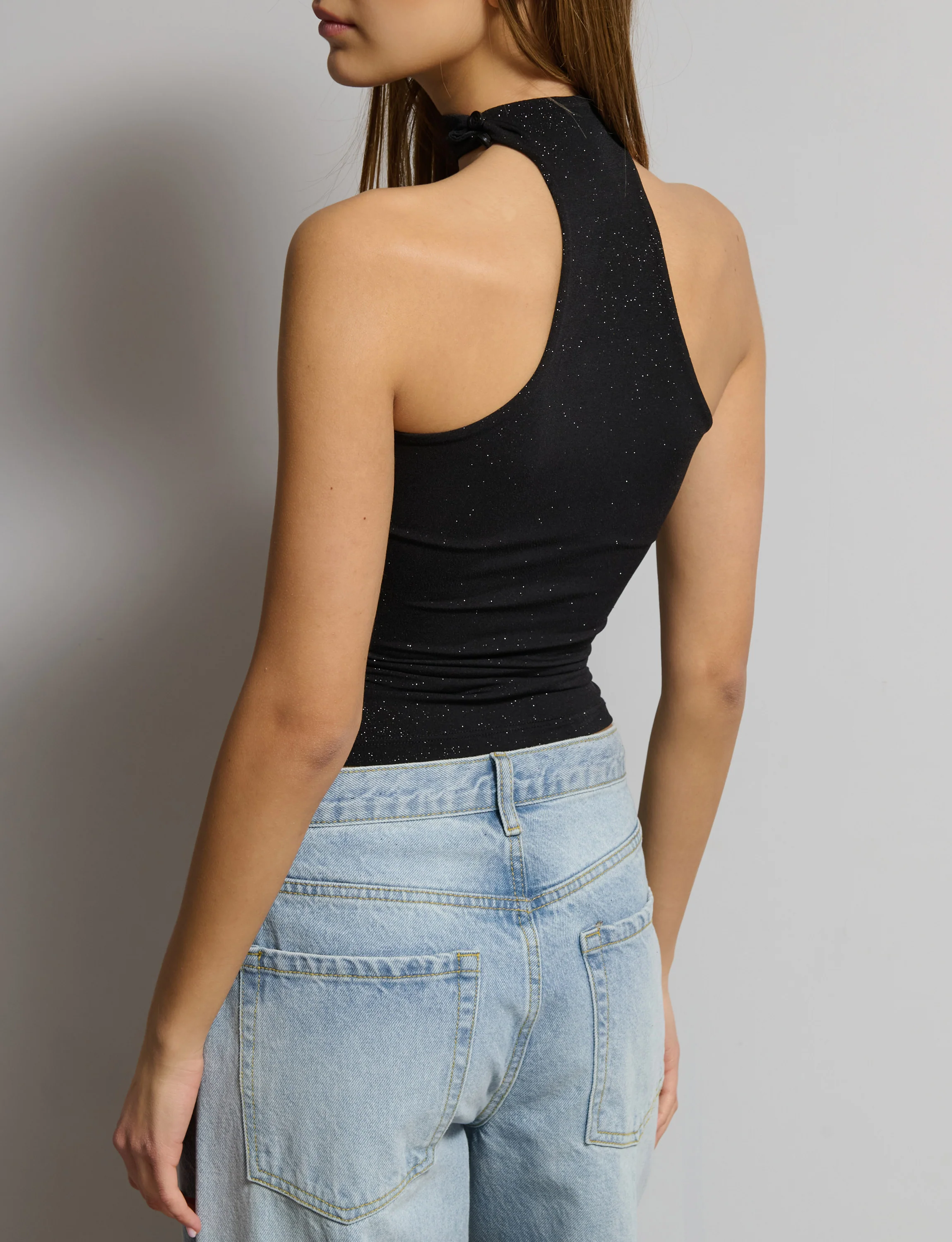 Top nero a fascia in lurex con colletto - Image 3