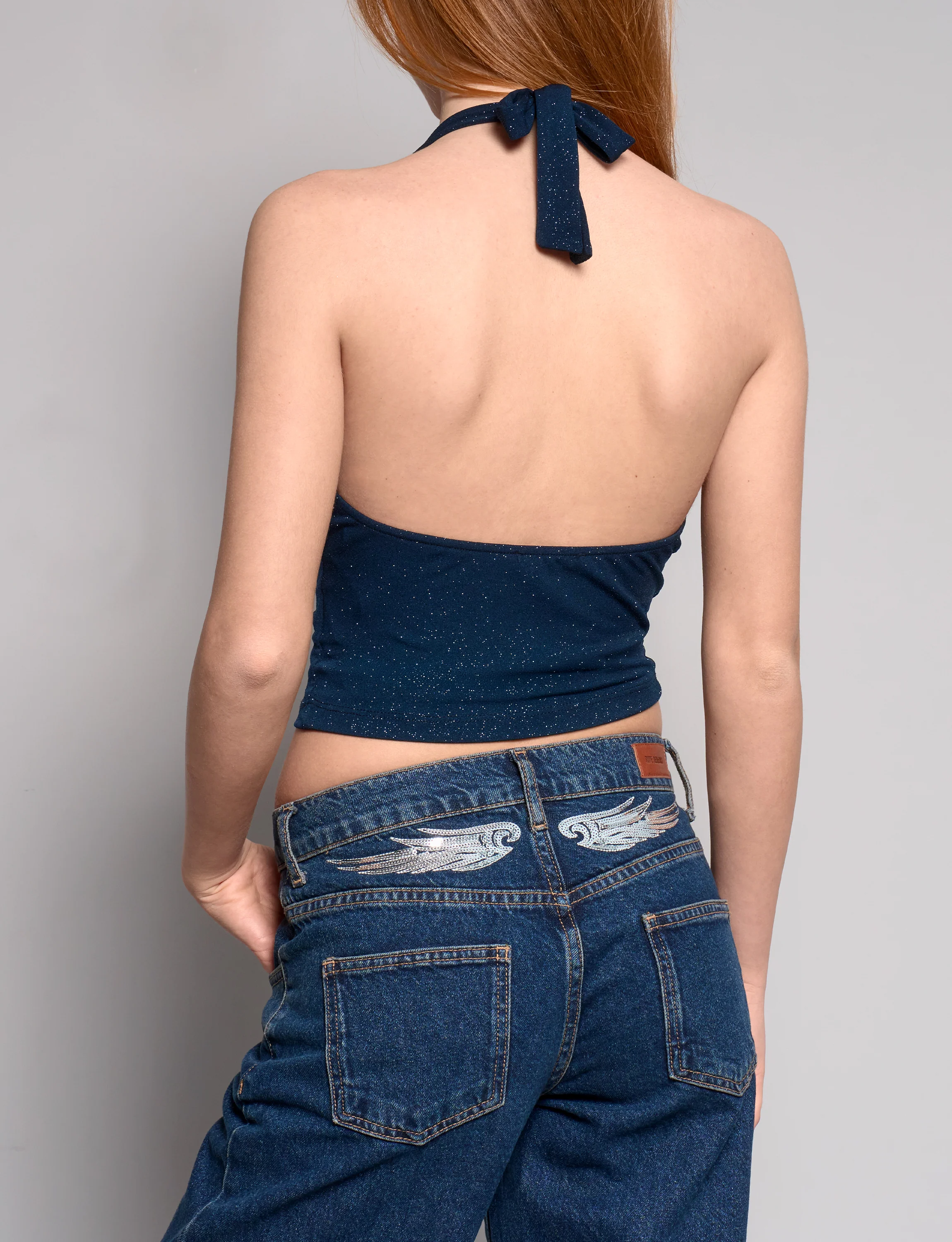 Top blu navy in lurex con scollo morbido e schiena scoperta - Image 3
